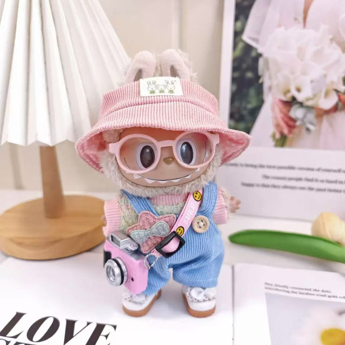 Star Blue Suspenders with Hat Outfit + Glasess + Camera - Labubu Clothes for Have A Seat - 1