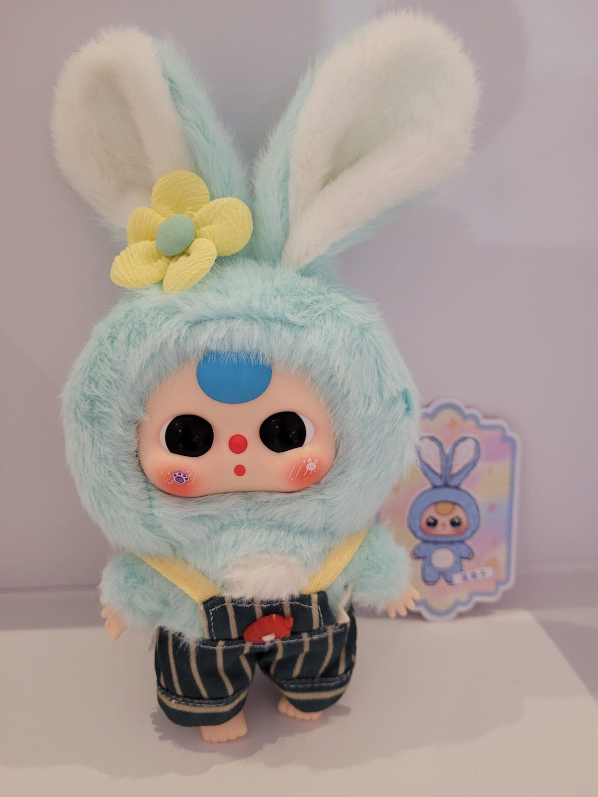 Blue Bunny with Blue &amp; Yellow Striped Overalls (moving eyes) - Macaron by Baby Three - 1