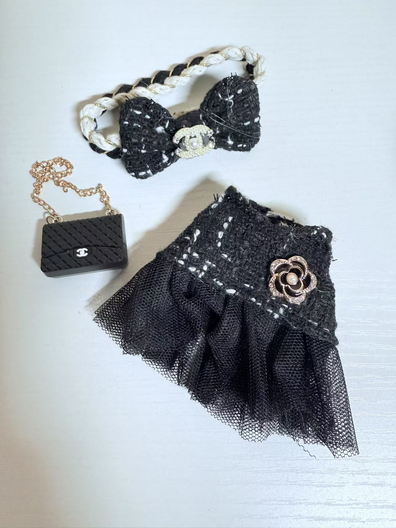 Black Laced Dress + Bow + Bag - Labubu Clothes for Have A Seat - 1