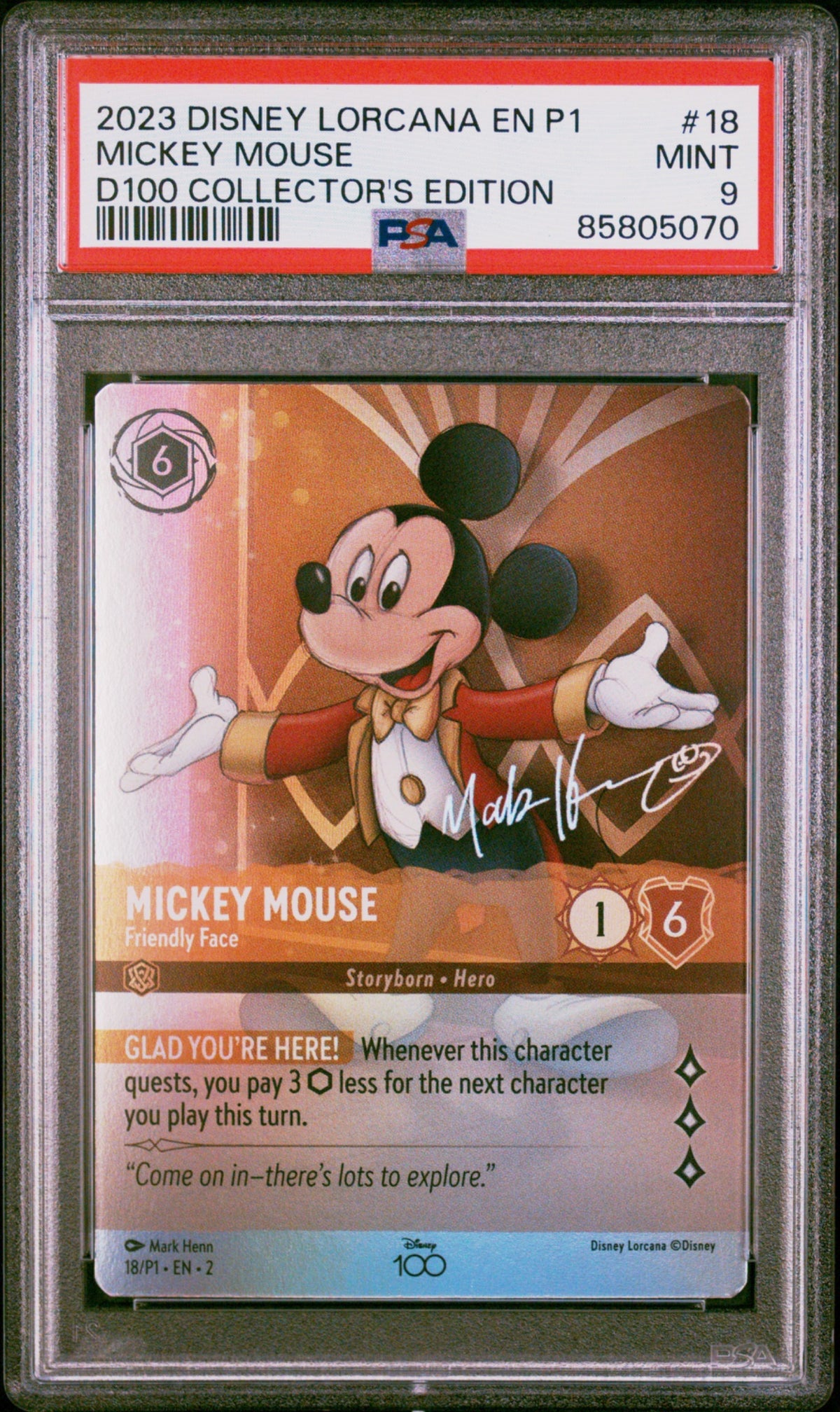 Disney Lorcana TCG 2023 Mickey Mouse PSA 9 graded Mint 18 D100 Collector&#39;s Edition card - 1