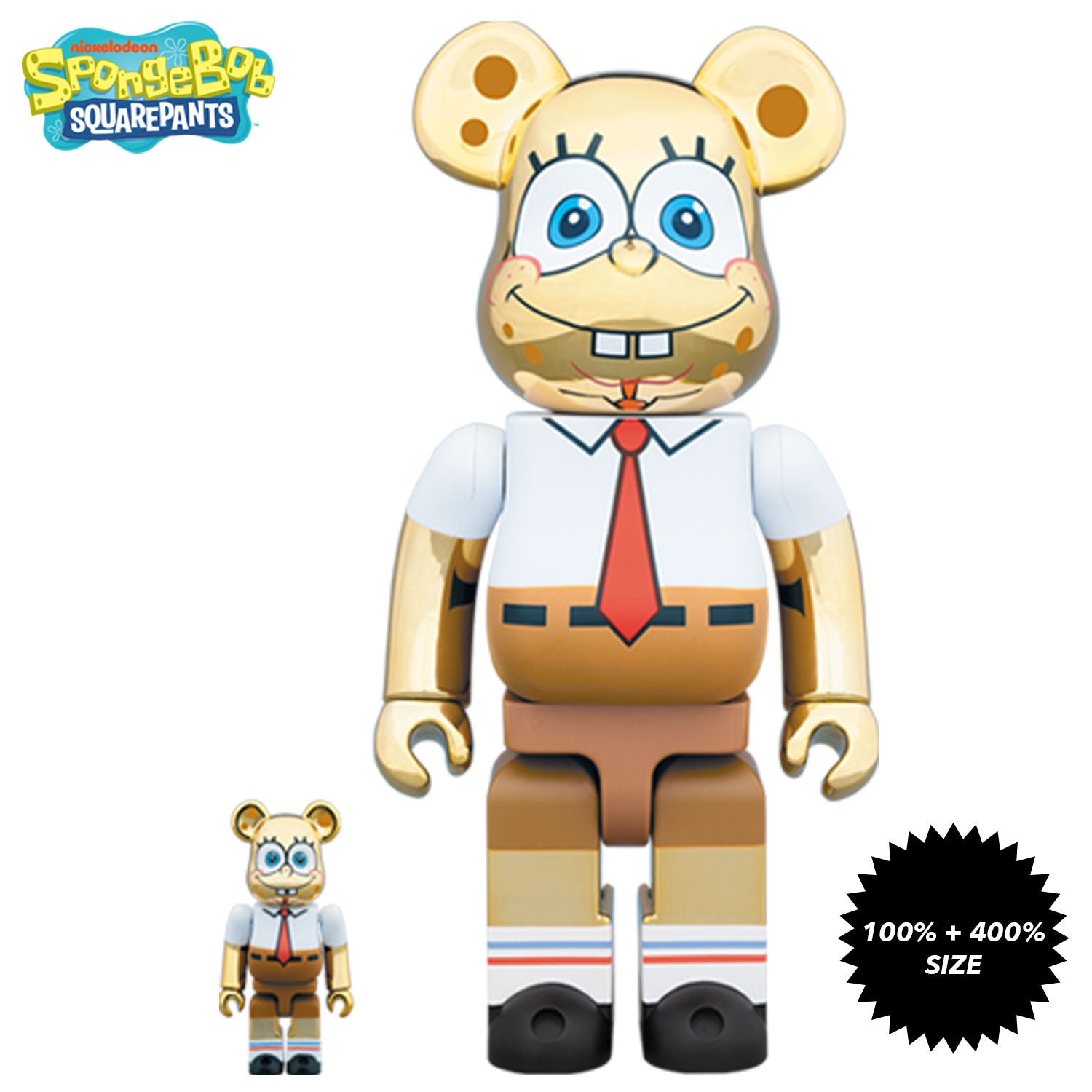 Chrome Gold Spongebob Squarepants 100% + 400% Bearbrick Set by Medicom Toy